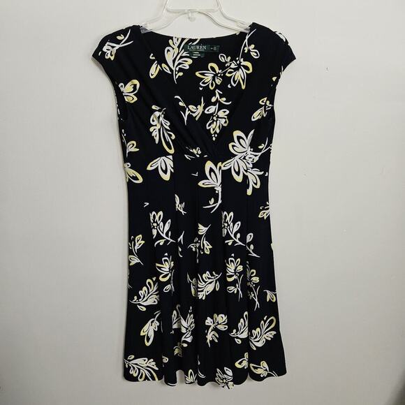Lauren Ralph Lauren Black Yellow White Whimsical Floral Print Midi Dress Size 4P - Picture 1 of 11